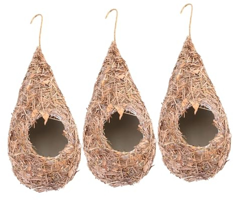 FENICAL Nido Colgante para Pájaros de Césped Natural 3 Piezas, Casa Decorativa Exterior Tejida a Mano, Refugio para Aves Adecuado Jardín y Balcón, Cabaña Ecológica Transpirable