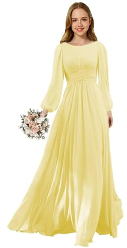 LECOYOYO Vestido de dama de honor de manga larga junior de gasa para niña de flores vestidos largos para fiesta de boda, amarillo, 14 años
