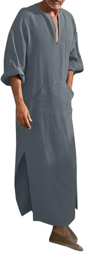 Generico Caftano Uomo Abbigliamento da Preghiera Uomo Caftano Cotone Lino Afgano Tunica Abaya Estate Musulmano Vestiti Islamici Arabi Thobe