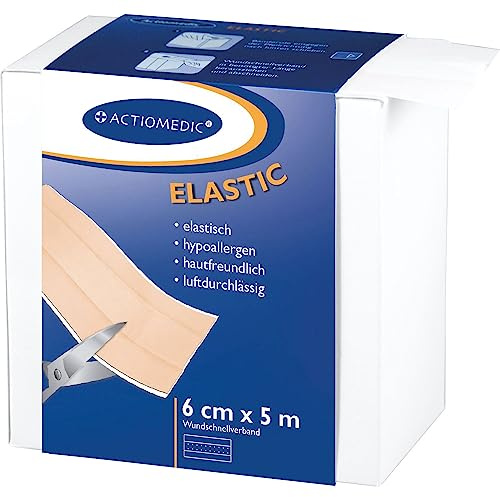 ACTIOMEDIC I ELASTIC Första hjälpen plåster, Hypoallergen självhäftande plåster på rulle för barn & vuxna i skyddande förvaringsbox, 6cm x 5m