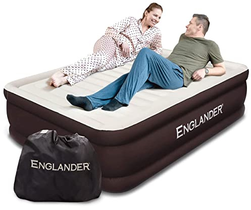 Englander Colchón de aire tamaño queen con bomba incorporada, cama inflable doble alta de lujo para el hogar, viajes y camping, cama inflable de gama alta para niños y adultos. Marrón