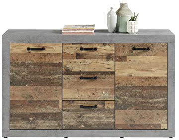 Stella Trading Sideboard Indiana - Korpus Betonoxid Nachbildung/Türen und Schubkastenblende in Old Wood Nachbildung - BHT ca. 147/88 / 37 cm