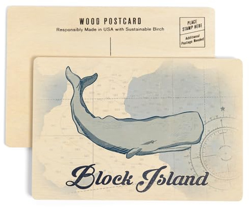 Block Island, Rhode Island, Whale, Blue, Coastal Icon (4x6 Birch Wood Postcards, 2-Pack Stationary, Rustic Home Wall Decor)