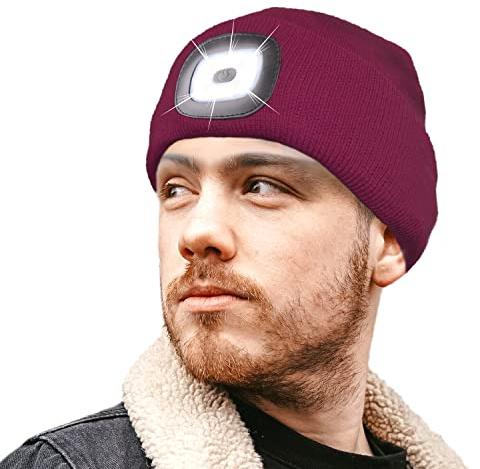 RockJock STORMACTIVE 100% Waterproof LED Light Rechargeable USB Long Lasting Warm Beanie Hat Mens, Ladies, Kids for Camping, Walking, Running, Cycling-Morello