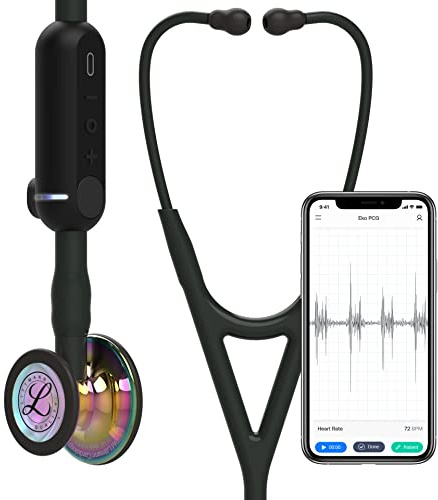 3M Littmann Stéthoscope numérique CORE, tubulure noire, Édition Rainbow brillant, base et lyre noire, 69 cm, 8572