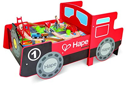 Hape Aufklappbarer Eisenbahntisch | Eisenbahn Spielset aus Holz | Verstaubarer Tisch | Sounds & Lichter | Zubehör | ab 3 Jahren