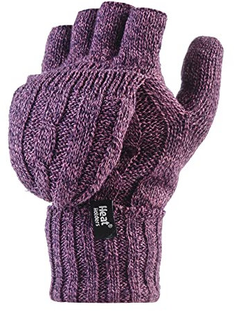 HEAT HOLDERS - Damen Thermo Fingerlose Handschuhe mit Fäustlinge Kappe | Winter Handschuhe mit Plüsch Fleecefutter (Einheitsgröße, Violett)