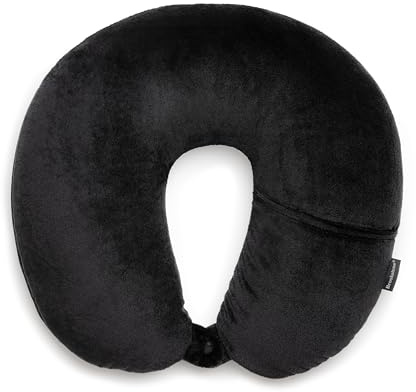 Brookstone Microbead Travel Head and Neck Pillow Lightweight and Plush with Phone or Headphone Pocket, Black