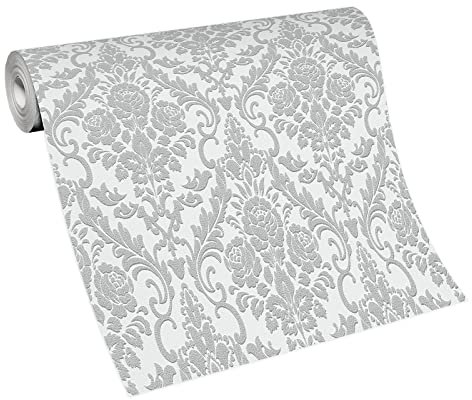Florale Vliestapete mit Ornamente Muster | Barock Tapete in Weiß Grau für Esszimmer und Wohnzimmer | Vlies Wandtapete mit Rosen im Antik Look