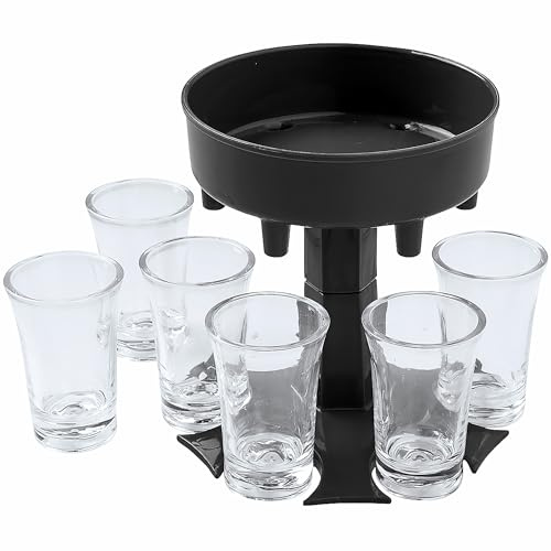 Fun Express 7 Pieces Shot Dispenser with Plastic Shot Glasses, BPA Free Plastic, Party Supplies, Black & Clear