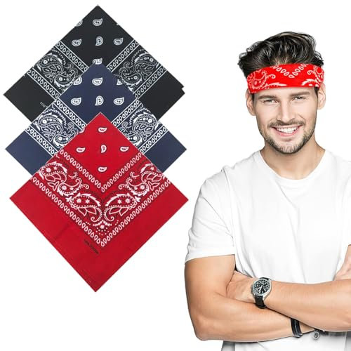 WJRQD 3er Set Bandanas für Damen und Herren, Nickitücher als Kopftuch oder Halstuch, Unisex Bindetücher als Headwear, Haarschal in Paisley Muster (55 x 55 cm, Rot, Schwarz, Blau)