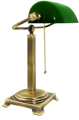 Licht-Erlebnisse Bankerlampe Grün Bronze hell H: 39,5 cm schwenkbar Zugschalter aus Messing Glas Jugendstil E27 Tischleuchte Schreibtischlampe Arbeitszimmer