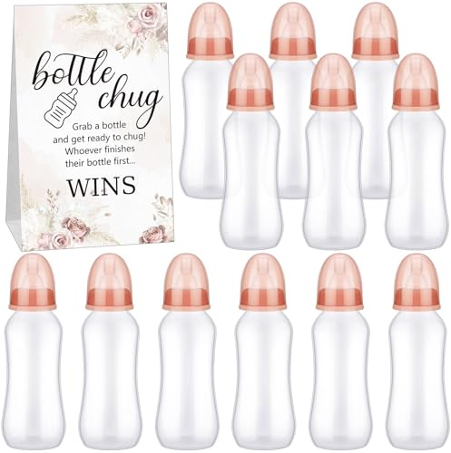 TrelaCo Cool Baby Shower Games Sets 12 Pcs Bottles with 1 Bottle Chug Sign for Gender Reveal Baby Shower Party Favors Decoration Games(Boho,Brown)