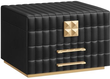 SONGMICS HOME ANAH Colección - Caja Joyero de 3 Capas con Espejo, Organizador Joyas con 2 Cajones, Superficie PU con Costuras, Efecto Flotante, 21,5 x 24 x 15,8 cm, Regalo, Negro Tinta JBC183B01