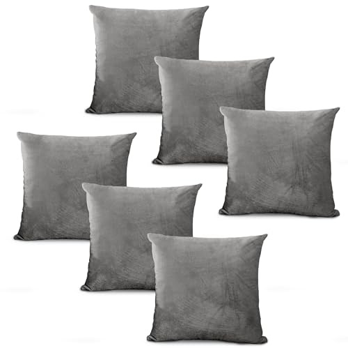 Hafaa Velvet Cushions with Covers Included Sets 12 (6 Grey Cushion Covers, 6 Cushion Inserts 45cm x 45cm) Luxury Decorative Fluffy Square Throw Pillow Case Sofa Cushion with Invisible Zipper