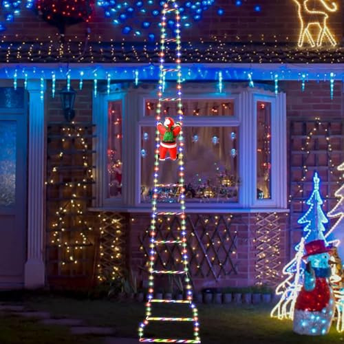 BORDEAG Cadena de luces LED de Papá Noel con escalera de 3 m, iluminación de Navidad, decoración navideña, con 8 modos, enchufe de luces decorativas de Navidad, para interior, exterior, ventana,