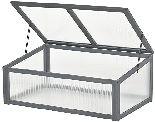 Outsunny Wooden Cold Frame Greenhouse, Mini Greenhouse with Polycarbonate Board and Solid Wood Frame, Green House Cold Frame, Indoor Outdoor Terrarium Planter Box, 39 x 26 x 16, Gray