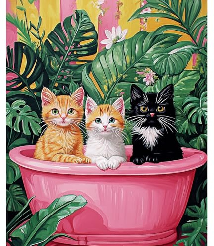 NEWENMO Tres Gatos Pintar por Números Adultos Set Sin Marco 40x50cm | Bañera Rosa Pintura por Números, DIY Paint by Numbers, Kit de Pintura al Óleo para Decoración del Hogar y Regalo