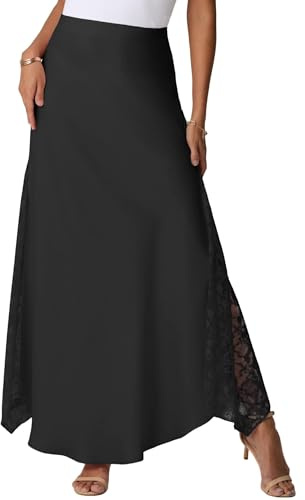 GRECERELLE Faldas maxi de verano de raso para mujer, faldas de seda de cintura alta casual, falda con cremallera para fiestas nupciales y vacaciones, Negro , M