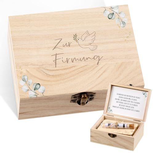 Namalu Set di 4 Regali per Cresima Scatola di Legno con Foglie di Eucalipto e Colomba Provetta Trucioli di Legno Biglietto d'Auguri Rafia per Imballaggio Festa Ospiti Decorazione