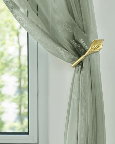 Gold Curtain Holdbacks 2 Pack, Calla Lily Metal Tiebacks Wall Mounted - Decorative Holders for Drapes & Curtains, Heavy Duty Pull Back Hooks (Gold)