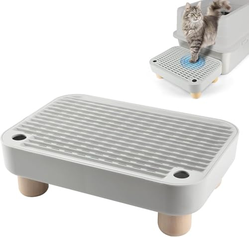 Kalolary Rampe de litière pour Chat avec Couche filtrante - Marches antidérapantes pour litière - Idéal pour Les Chats de Petite et Moyenne Taille (Gris Clair avec Base en Bois)