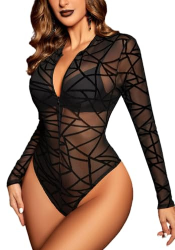 Avidlove Body Femme Transparent à Manche Longue Top Dentelle Chic Bodysuit | Zipper Top,Entrejambe à pression,tissu en maille transparente,motif dentelle, Party Halloween Festival Outfit