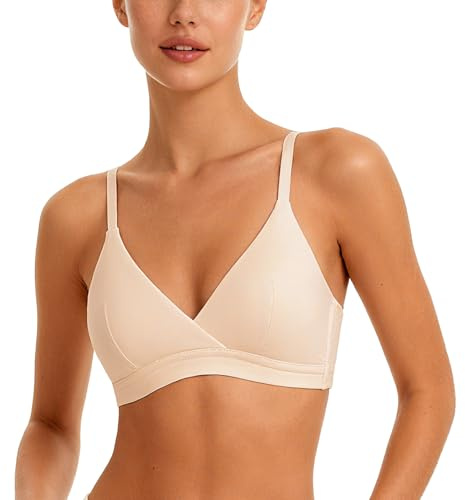 Luckfire V Neck Cotton Bra No Underwire Padded Breathable Comfortable Bras for Women Everyday Triangle Bralette for AAA-B Cup Nude