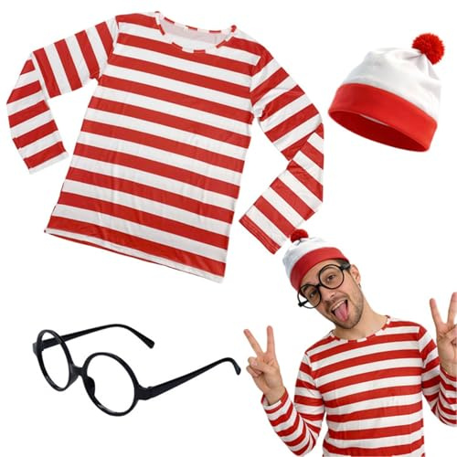Completo a righe rosse e bianche da 3 pezzi, costume da cosplay per adulti, maniche lunghe, cappello lavorato a maglia, occhiali, costume da personaggio anime per carnevale, costumi per la giornata