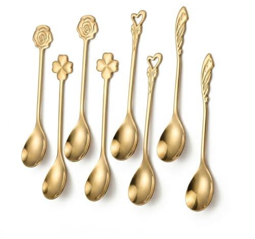 8 Piezas Cucharillas Cafe De Acero Inoxidable, 12,5 cm Cucharas De Postre Oro, Cucharilla, Paleta Para Tartas, Cucharillas Postre Con Forma De Trébol De Cuatro Hojas, rosa, Ala y Corazón