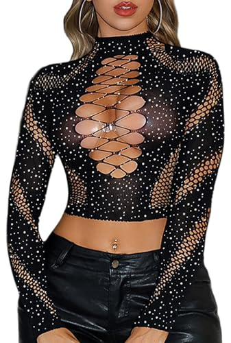 FEOYA Haut court sexy à strass pour femme - Manches longues - Col montant - Style Y2K - Transparent - T-shirt sexy pour clubwear, festival, fête, rave