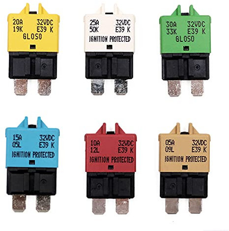 T Tocas 12V- 32V CC Disjoncteur de fusible à réinitialisation manuelle Disjoncteur ATC à profil bas E39 pour Pour bateau de voiture RV solaire, 5A 10A 15A 20A 25A 30A mixte 6pack