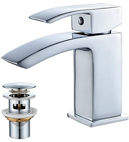Luckyhome Basin Taps with Waste Mono Bathroom Waterfall Basin Taps Mixer Faucet,Silver