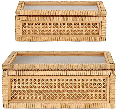 Amyhill Set of 2 Rattan Decorative Box with Glass Lid Rectangular Natural Woven Cane Stacking Display Boxes for Home Decor Rustic Shelf Organizer(15.4 x 9.5 x 7.1 Inch, 12.6 x 6.7 x 4.3 Inch)