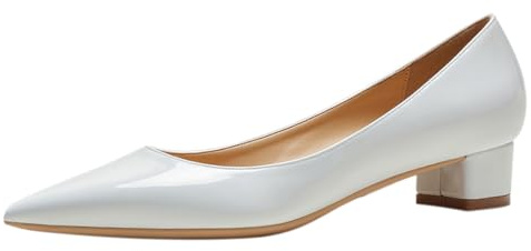 Talons carrés pour Femmes Cuir Verni Bout Pointu Talon épais Enfiler Escarpins pour Femmes pour la Remise des diplômes Blanc 39 EU