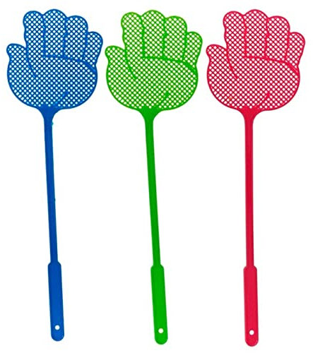 Tradineur Lot de 3 tapettes à mouches en plastique en forme de main, résistantes et durables, contrôle manuel des nuisibles, insectes, 42,5 x 11,5 cm, couleurs assorties