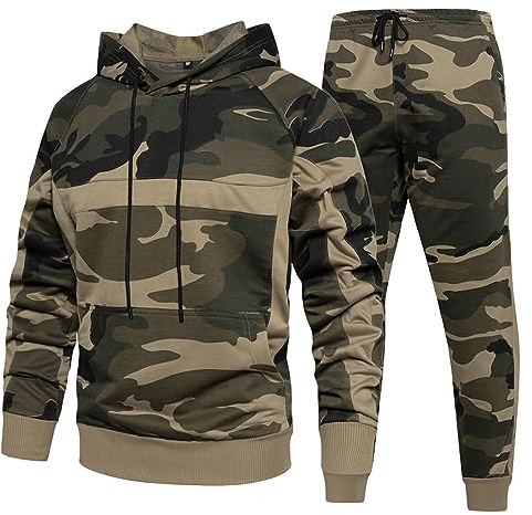 Jamron Uomo Tuta da Ginnastica Mimetica 2 Pezzi Felpe con Cappuccio e Pantaloni da Jogging Casual Abbigliamento Sportivo Cachi M