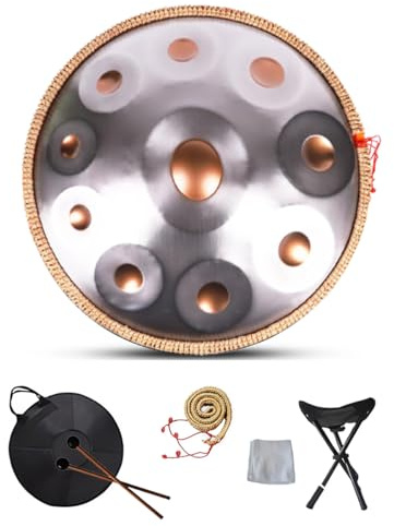 Handpan Drum D Mineur 10 Tons 22 Pouces en Acier - Instrument avec Support, Étui, Maillets Durables et Chiffon Anti-Poussière - 440 Hz 10 Notes Argent+Or