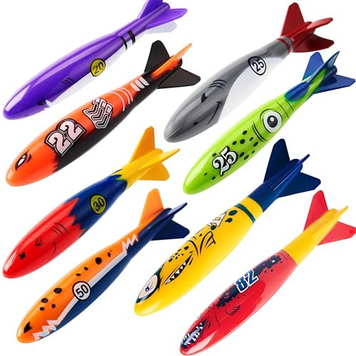 JOYIN 8 Stück Torpedo, Hai, Tauchspielzeug für Kinder, Wasserspielzeuge Außen, buntes Schwimmspielzeug, sinkendes Werfen, Torpedo für Kinder, Geschenk, Sommer, Schwimmen, Tauchen, Training