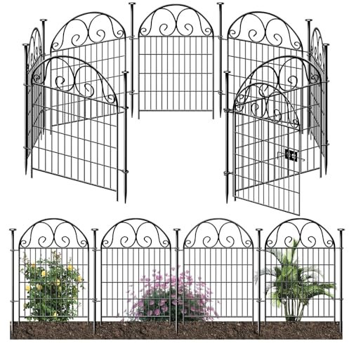 Getlay Tall Garden Animal Barrier Fence with Gate, 36 in(H)×17.5 Ft(L) 8 Panels Dog Digging Barrier, Black Heavy Duty Metal Temporary Defense for Outdoor Yard