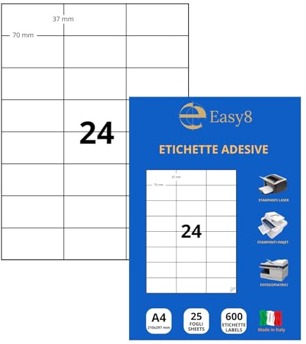 Easy8 70x37 25 Fogli, Etichette Adesive A4, Autoadesive, Senza Margine, Stampabili, Bianche, compatibili con tutte le stampanti Laser, Getto d'Inchiostro, Fotocopiatrici