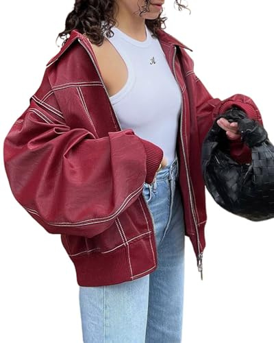 utcoco Women's Faux Leather Motorcycle Jacket Oversized Zip Up Winter Coat Outerwear 2025 Fall Fashion Clothes (Small, Red)