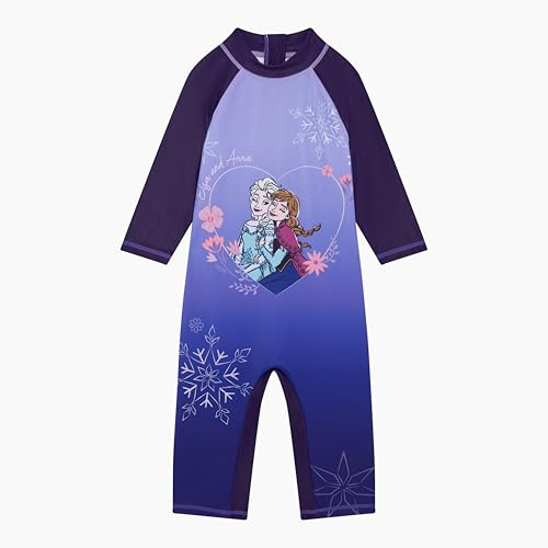 Disney Frozen Official Girl's Swimsuit, One Piece Swimming Costume Sun Suit Featuring Anna and Elsa, Purple, Age 5-6 Years