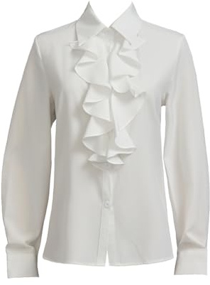 Taiduosheng Camicetta da Donna con Pizzo, Collo a Volant, Colletto Alto, Rouches, Maniche Lunghe, Camicia da Ufficio, Camicia da Lavoro, Camicia da Business, Camicia Casual, bianco, M