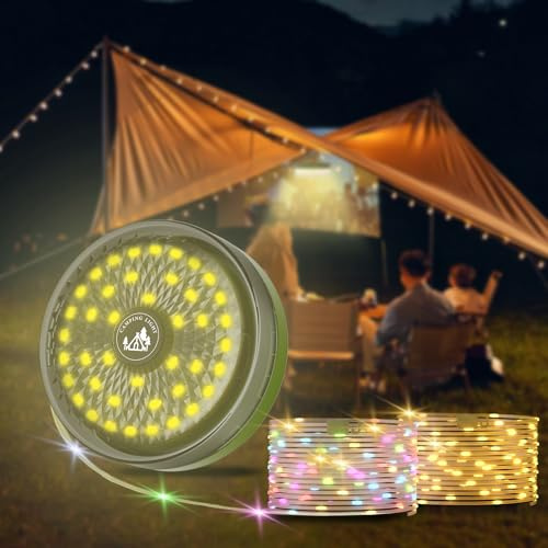 Phylosal Camping String Lights, Camping Essentials 2 in 1 Quick Storage 32.8FT Rechargeable Waterproof Tent Lights with with 6 Modes, Portable LED Hanging Light for Outdoor Patio Awning Garden Party