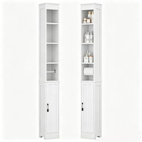 VECELO Mueble de baño, Mueble de Almacenamiento Alto con estantes Ajustables y Compartimentos Abiertos, con Soporte de Papel higiénico Integrado, 20 x 20 x 180 cm, Color Blanco