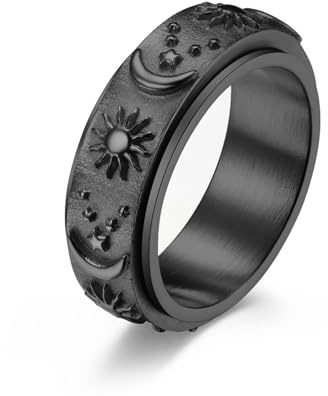 GAUEIOUR Moon Star Sun Spinner Ring for Men and Women,Personalized Stainless Steel Fidget Ring with Celestial Symbolism, Relieving Stress Anxiety Ring for Relaxation and Focus Size 7
