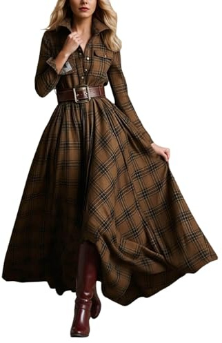 Générique Robe Longue à Carreaux pour Femme 2025 Automne Western Vintage français rétro Ethnique Style Pastoral col en V Manches Longues boutonnée