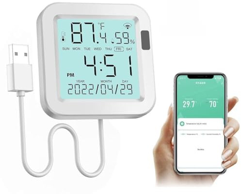Smart termometer och hygrometer för Tuya Smart och Smart Life-app, kompatibel med Alexa & Google Home, infraröd sensor för bakgrundsbelysning, temperatur- och fuktighetsmätning med datum