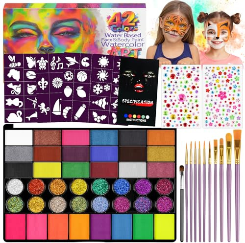 LOPHE Pintacaras Infantil Hipoalergénico, 42 Colores Pintura Facial y Corporal, Pintura Cara Niños con 11 Pinceles 4 Plantillas 2 Pegatinas Diamantes, Kit de Maquillaje Halloween Carnaval Festival